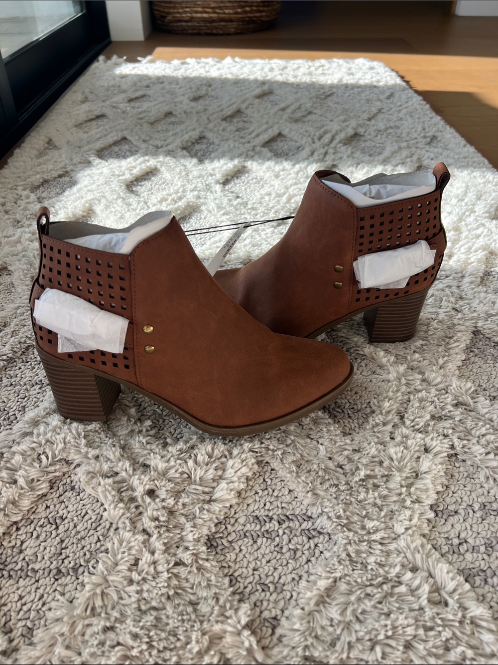 Maurices Tan Suede Perforated Block Heel Ankle Booties